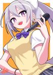  1girl bow bowtie collared_shirt cowboy_shot grey_hair grey_skirt hair_bow hair_ornament hairclip hand_on_own_hip highres higuchi_kaede higuchi_kaede_(3rd_costume) holding holding_microphone long_hair microphone mole mole_under_eye negiponzu nijisanji official_alternate_costume plaid plaid_skirt pleated_skirt ponytail purple_bow purple_bowtie school_uniform shirt short_sleeves skirt summer_uniform very_long_hair vest violet_eyes virtual_youtuber white_bow white_shirt yellow_vest 