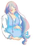  1girl blue_dress blush braid closed_eyes dress final_fantasy final_fantasy_xvi grey_hair hair_ribbon hand_on_own_stomach happy highres jill_warrick long_hair pregnant ribbon smile solo solo_focus very_long_hair white_background xainaa 