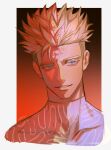  1boy blonde_hair blue_eyes bodysuit highres male_focus millions_knives on0n parted_lips portrait red_background short_hair smile solo spiky_hair trigun trigun_stampede undercut white_bodysuit 