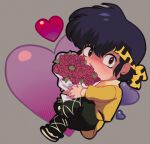  1boy alloplush bandana black_hair blush flower grey_background heart hibiki_ryouga ranma_1/2 red_eyes red_flower red_rose rose simple_background solo yellow_bandana 