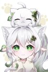  1girl :3 animal animal_ears cat cat_ears cat_girl cat_tail closed_eyes closed_mouth cross-shaped_pupils genshin_impact gradient_hair green_eyes green_hair hair_between_eyes hair_ornament hairclip hands_on_own_face highres leaf_hair_ornament long_hair long_sleeves looking_at_viewer multicolored_hair nahida_(genshin_impact) plata_0514 pointy_ears shirt side_ponytail sidelocks simple_background smile symbol-shaped_pupils tail upper_body white_background white_hair 