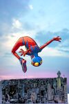  1boy absurdres artist_request bailey_briggs blue_mask building child cityscape clouds cloudy_sky comic_cover english_commentary highres male_child male_focus marvel new_york official_art second-party_source sky skyscraper solo spider-boy_(spider-man) spider-man_(series) spider-verse spider-verse_(comics) two-tone_bodysuit western_comics_(style) 