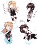  2girls ahoge black_gloves black_ribbon black_serafuku black_skirt black_socks black_thighhighs blonde_hair blunt_bangs braid chibi fingerless_gloves flying_sweatdrops gloves hair_flaps hair_ornament hair_ribbon hairclip highres holding holding_torpedo kantai_collection kneehighs long_hair multiple_girls multiple_views o_o pleated_skirt poipoi_purin ribbon sailor_collar scarf school_uniform serafuku shigure_(kancolle) shigure_kai_san_(kancolle) short_sleeves simple_background single_braid skirt sleeveless socks thigh-highs torpedo white_background white_scarf yuudachi_(kancolle) yuudachi_kai_ni_(kancolle) 