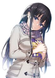  1girl black_hair blue_eyes breasts buriki closed_mouth coat grey_coat hair_ornament hairpin handkerchief highres holding_handkerchief long_hair long_sleeves looking_at_viewer looking_down medium_breasts novel_illustration official_art ore_wo_suki_nano_wa_omae_dake_ka_yo own_hands_together plaid plaid_scarf sanshokuin_sumireko scarf simple_background solo upper_body white_background 