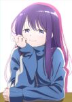  1girl absurdres blue_jacket blush closed_mouth commentary_request hand_on_own_face head_rest highres jacket kubo-san_wa_mob_wo_yurusanai kubo_nagisa long_hair long_sleeves looking_at_viewer natsuki_hiroshi purple_hair simple_background smile solo track_jacket upper_body violet_eyes white_background 