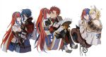 2boys 2girls alcryst_(fire_emblem) alear_(female)_(fire_emblem) alear_(fire_emblem) bare_shoulders black_gloves blonde_hair blue_eyes blue_hair blush carrying citrinne_(fire_emblem) closed_mouth diamant_(fire_emblem) earrings feather_hair_ornament feathers fire_emblem fire_emblem_engage gloves hair_between_eyes hair_ornament hetero heterochromia highres hoop_earrings jewelry long_hair long_sleeves looking_at_another multicolored_hair multiple_boys multiple_girls oratoza princess_carry red_eyes redhead shirt shoes short_hair skirt tiara two-tone_hair very_long_hair white_background white_shirt yuri