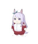  1girl :t animal_ears arms_at_sides chibi closed_mouth ear_bow fat food food_on_face full_body highres horse_ears horse_girl horse_tail jacket long_hair long_sleeves mejiro_mcqueen_(umamusume) nazono77 obese pants red_jacket red_pants solo standing tail track_jacket umamusume violet_eyes 