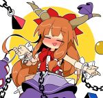  1girl blue_ribbon blush bow chain closed_eyes gourd hair_bow horn_ornament horn_ribbon horns ibuki_suika ini_(inunabe00) long_hair oni_horns open_mouth orange_hair purple_skirt red_bow ribbon shirt skirt smile solo torn_clothes torn_sleeves touhou white_shirt wrist_cuffs 