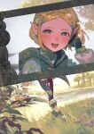  1girl absurdres blonde_hair blue_eyes blurry blush depth_of_field flower food fruit gohan_(nggohan) grass hair_ornament hairclip hand_up highres looking_at_viewer open_mouth outdoors pointy_ears princess_zelda purah_pad short_hair smile solo the_legend_of_zelda the_legend_of_zelda:_tears_of_the_kingdom tree viewfinder 