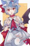  absurdres animal_ears bat_wings blue_nails bow cat_ears choker fang footwear_bow grey_hair hat hat_ribbon highres katsukare looking_at_viewer mob_cap open_mouth orange_background paw_print red_bow red_choker red_eyes red_ribbon remilia_scarlet ribbon shirt short_sleeves skin_fang skirt thigh-highs touhou white_headwear white_shirt white_skirt white_thighhighs wings wrist_cuffs 