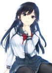  1girl arm_support black_eyes black_hair black_thighhighs blue_sailor_collar blue_skirt bow bowtie breasts buriki hand_on_own_chin hand_up large_breasts long_hair long_sleeves looking_at_viewer novel_illustration official_art ore_wo_suki_nano_wa_omae_dake_ka_yo parted_lips pleated_skirt red_bow red_bowtie sailor_collar sanshokuin_sumireko school_uniform serafuku shirt sitting skirt solo thigh-highs white_shirt 