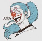  1boy buggy_the_clown clown clown_nose cropped_shoulders facial_tattoo high_ponytail highres laughing long_sideburns looking_at_viewer male_focus one_piece red_lips red_nose sideburns skull_tattoo solo sparse_stubble tattoo tonta_(tonta1231) 