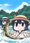  2girls bamboo_shoot black_hair blue_sky brown_eyes brown_hair brown_headwear clouds commentary_request day fish hat japanese_clothes kantai_collection mountain multiple_girls outdoors seiran_(mousouchiku) shigure_(kancolle) shigure_kai_san_(kancolle) short_hair sky straw_hat sun_hat upper_body water yamashiro_(kancolle) 