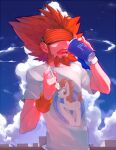  1boy beard blue_sky brad_(16325) clouds cup dairy_queen facial_hair head-mounted_display holding holding_cup holding_spoon lysandre_(pokemon) male_focus my_little_pony open_mouth orange-tinted_eyewear orange_wristband pokemon pokemon_(game) pokemon_xy redhead short_sleeves sky solo spoon teeth tinted_eyewear white_wristband 