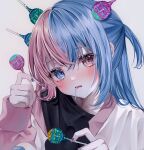  1girl black_shirt blue_eyes blue_hair blue_nails blush candy commentary_request eating food food_in_mouth grey_background hair_between_eyes head_tilt heterochromia highres holding holding_candy holding_food holding_lollipop jacket lollipop long_hair long_sleeves looking_at_viewer multicolored_hair nail_polish nekota_rekura one_side_up original parted_lips pink_eyes pink_hair pink_nails shirt sidelocks simple_background solo two-tone_hair upper_body 