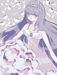  1girl ballerina blue_eyes blunt_bangs collarbone dress english_text floral_background flower frills fur-trimmed_dress fur_trim grey_background hair_flower hair_ornament highres light_smile looking_at_viewer nanamiya_ten original pink_dress purple_hair solo spaghetti_strap upper_body 