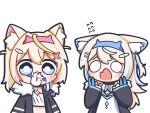  2girls :3 animal_ear_fluff animal_ears black_jacket blank_eyes blonde_hair blush dog_ears dog_girl eating eiul fuwawa_abyssgard hair_ornament hairclip highres hololive hololive_english jacket long_hair medium_hair mococo_abyssgard multicolored_hair multiple_girls open_mouth siblings sisters streaked_hair surprised twins virtual_youtuber 