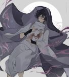  1boy black_hair blood blood_on_clothes closed_mouth floral_print genshin_impact hair_between_eyes highres japanese_clothes lofter_username looking_at_viewer male_focus multicolored_hair purple_hair scaramouche_(genshin_impact) scaramouche_(kabukimono)_(genshin_impact) simple_background solo two-tone_background veil vidoakdame violet_eyes wide_sleeves 