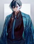  1boy absurdres aqua_necktie belt belt_buckle black_gloves black_hair black_shirt blue_lock border buckle closed_mouth coat coat_on_shoulders collared_shirt gloves green_eyes hair_between_eyes hand_in_pocket hand_on_own_chin hand_up highres itoshi_rin kyul_gnsn lapels long_sleeves male_focus necktie plaid_coat shawl_lapels shirt short_hair solo 