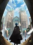  1boy absurdres animal bird black_cape blue_hair blue_sky byleth_(fire_emblem) byleth_(male)_(fire_emblem) cape clouds commentary_request day doku_gin1126 falling_feathers feathers fire_emblem fire_emblem:_three_houses from_behind highres male_focus outdoor_unit short_hair signature sky solo 