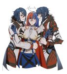  1girl 2boys alcryst_(fire_emblem) alear_(female)_(fire_emblem) alear_(fire_emblem) armor ascot blue_eyes blue_hair fire_emblem fire_emblem_engage gloves hair_between_eyes hair_ornament hairclip heterochromia highres long_hair long_sleeves looking_at_another multicolored_hair multiple_boys oratoza red_eyes redhead ribbon shoulder_armor skirt tiara two-tone_hair waist_cape white_ascot white_background 