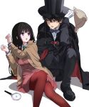  1boy 1girl :o alternate_costume artist_logo black_cape black_footwear black_hair black_headwear black_jacket black_pants blush bow bowtie breasts brown_hair cape chitanda_eru collared_shirt gloves hat highres hyouka jacket large_breasts long_hair magnifying_glass mery_(yangmalgage) monocle oreki_houtarou pants pantyhose pleated_skirt red_cape red_pantyhose school_uniform shirt short_hair simple_background skirt smile teeth top_hat two-sided_cape two-sided_fabric upper_teeth_only violet_eyes white_background white_gloves white_shirt 