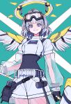  1girl aqua_background belt black_gloves blue_eyes cowboy_shot feathered_wings gloves goggles goggles_on_head halo highres holding kaneni long_sleeves looking_at_viewer original see-through see-through_sleeves smile solo white_belt white_wings wings 