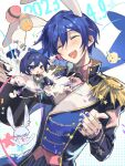  &gt;_&lt; 25-ji_kaito 25-ji_nightcord_de._(project_sekai) 2boys :d animal_ears bird blue_eyes blue_hair blue_nails chick closed_eyes collared_shirt commentary confetti crossed_arms crossed_legs dark_blue_hair dated double-parted_bangs easter_egg egg epaulettes fingernails glasses highres jewelry kaito_(vocaloid) kazemi_arashi long_sleeves male_focus multiple_boys necklace open_mouth project_sekai rabbit rabbit_boy rabbit_ears ring_necklace shirt short_hair smile upper_body vocaloid wonderlands_x_showtime_(project_sekai) wonderlands_x_showtime_kaito 