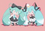  2girls :d absurdly_long_hair asymmetrical_legwear black_bow black_eyes black_skirt black_thighhighs blue_hair blue_necktie blush_stickers bow bowtie chibi collared_shirt dual_persona frilled_skirt frills green_hair hair_between_eyes hair_bow hair_ornament hat hatsune_miku headphones long_hair magical_mirai_(vocaloid) magical_mirai_miku magical_mirai_miku_(2016) magical_mirai_miku_(2019) mini_hat mini_top_hat multiple_girls necktie number_tattoo open_mouth own_hands_together pink_background raised_eyebrows red_bow red_bowtie shadow shirt sidelocks simple_background skirt sleeveless sleeveless_shirt smile solid_eyes striped striped_thighhighs sunfish3939 tattoo thigh-highs top_hat traditional_bowtie twintails very_long_hair vocaloid white_headwear white_shirt white_skirt 