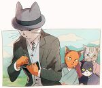  1boy animal_ear_headwear black_jacket blue_eyes border buttons cat_boy collared_shirt fedora furry furry_male gakuran grey_headwear hat holding holding_notebook holding_pen jacket japanese_clothes male_focus mari-mason miyazawa_kenji necktie notebook pen school_uniform shirt slit_pupils solo_focus spring_and_chaos striped_necktie suit sweatdrop whiskers white_border white_necktie white_shirt yellow_eyes 