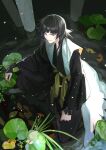  1girl absurdres artist_name black_hair black_kimono bleach dated grass haori highres in_water japanese_clothes jou_(jo_jjo) kimono lily_pad pond sash short_hair solo sui-feng violet_eyes yellow_sash 