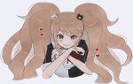  1girl bear_hair_ornament black_eyes black_shirt blonde_hair blush cropped_torso enoshima_junko grin hair_ornament heart long_hair mikomi_(90m5x) monokuma shirt short_sleeves smile solo teeth twintails upper_body 