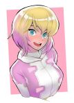  1girl aqua_eyes blonde_hair bodysuit border commentary electric_pot gradient_hair gwenpool hood hood_down hooded_bodysuit marvel multicolored_hair open_mouth pink_bodysuit pink_hair short_hair solo teeth two-tone_bodysuit upper_body upper_teeth_only white_border 