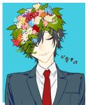  1boy black_hair blazer border closed_eyes closed_mouth facing_viewer flower hagiwara_daisuke hair_flower hair_ornament hair_over_one_eye hori-san_to_miyamura-kun jacket katagiri_senior_high_school_uniform lapels leaf male_focus miyamura_izumi necktie notched_lapels one_eye_covered orange_flower outside_border pink_flower red_flower red_necktie school_uniform short_hair smile solo translation_request upper_body white_border yellow_flower 