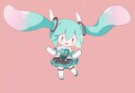  1girl :d bare_shoulders black_eyes blue_hair blue_skirt blush_stickers bow bowtie chibi collared_shirt detached_sleeves floating_hair frilled_skirt frills full_body green_bow green_bowtie hatsune_miku head_wings legs_apart long_hair long_sleeves looking_at_viewer magical_mirai_(vocaloid) magical_mirai_miku magical_mirai_miku_(2017) miniskirt open_mouth pink_background shirt simple_background skirt smile solid_eyes solo sunfish3939 thigh-highs twintails very_long_hair vocaloid white_shirt white_sleeves white_thighhighs wings zettai_ryouiki 