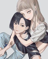  2girls arm_around_neck arm_around_shoulder artist_name asymmetrical_bangs black_eyes black_hair black_shirt black_shorts blue_pants breasts brown_eyes closed_mouth grey_background hair_between_eyes hand_on_own_leg holding light_blush light_brown_hair light_smile long_hair looking_at_viewer medium_breasts multiple_girls original pants shirt short_hair short_sleeves shorts sidelocks simple_background sitting small_breasts smile taaro_(heather789262) white_shirt 