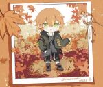  1boy :&lt; autumn autumn_leaves black_footwear black_shorts blonde_hair blush character_name collared_jacket cropped_jacket drawstring falling_leaves full_body green_eyes grey_jacket grey_shirt hair_between_eyes hand_up jacket jewelry leaf male_focus maple_leaf multicolored_hair necklace open_clothes open_jacket open_mouth orange_hair orange_theme polaroid project_sekai raised_eyebrows shinonome_akito shirt shoes short_hair shorts sidelocks solo straight-on streaked_hair sunfish3939 