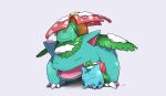  animal_focus bulbasaur claws closed_eyes closed_mouth eagle_(pixiv8177028) evolutionary_line fangs highres ivysaur no_humans nostrils open_mouth pokemon pokemon_(creature) riding sharp_teeth signature simple_background snow teeth venusaur white_background 