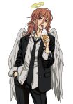  1girl angel_devil_(chainsaw_man) black_jacket black_necktie black_pants black_suit blazer brown_hair buttoned_cuffs chainsaw_man collared_shirt cowboy_shot feathered_wings food hair_between_eyes halo hand_in_pocket holding holding_food holding_ice_cream ice_cream jacket legs_apart long_hair long_sleeves looking_at_viewer necktie open_clothes open_jacket open_mouth pants red_eyes shiren_(ourboy83) shirt sidelocks simple_background solo straight_hair suit tongue tongue_out white_background white_shirt white_wings wings 