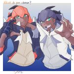  2boys alternate_color black_hair blue_eyes border dark-skinned_male dark_skin dual_persona earrings fang gloves hand_in_pocket highres hood hoodie jewelry male_focus multiple_boys open_mouth outside_border pokemon pokemon_(game) pokemon_masters_ex pokemon_swsh raihan_(pokemon) signature single_glove upper_body white_border yoru_(night241241) 