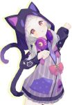  1girl animal_ears animal_hood arched_bangs black_shirt blush braid cat_ears cat_hood cat_tail commentary_request cowboy_shot grey_hair headphones headphones_around_neck hololive hood hooded_jacket jacket long_hair long_sleeves looking_at_viewer low_twintails murasaki_shion murasaki_shion_(7th_costume) necktie official_alternate_costume open_mouth orange_eyes outline piko_pinapi purple_jacket purple_necktie shirt simple_background solo tail twintails virtual_youtuber white_background yellow_outline 