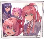  4girls :d arm_around_shoulder artist_name averting_eyes blazer blush border bow bowtie brown_hair brown_sweater_vest close-up closed_mouth commentary doki_doki_literature_club green_eyes grey_jacket grin hair_bow hair_ornament hair_ribbon hand_up head_tilt highres jacket kokomi_(aniesuakkaman) light_smile long_hair looking_ahead looking_at_viewer monika_(doki_doki_literature_club) multiple_girls natsuki_(doki_doki_literature_club) neck_ribbon one_eye_closed open_mouth photo_(object) pink_eyes pink_hair ponytail portrait purple_hair red_bow red_bowtie red_ribbon ribbon sayori_(doki_doki_literature_club) school_uniform selfie shirt short_hair sidelocks signature simple_background smile sweatdrop sweater_vest teeth two_side_up upper_teeth_only v very_long_hair violet_eyes white_background white_border white_bow white_ribbon white_shirt x_hair_ornament yuri_(doki_doki_literature_club) 