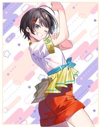  1girl ahoge black_hair blue_ribbon breasts clenched_hand collared_shirt grabbing_own_arm hair_ornament hololive one_eye_closed oozora_subaru oozora_subaru_(1st_costume) red_shorts ribbon riichu shirt short_hair shorts smile star_(symbol) teeth tied_shirt white_shirt 