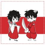  1boy 1girl :d animal_ears arrow_(projectile) barefoot blush border cosplay dog_ears dotted_line edogawa_conan extra_ears fang full_body hakama hanakan hand_up holding holding_sword holding_weapon inuyasha inuyasha_(character) inuyasha_(character)_(cosplay) japanese_clothes kariginu kikyou_(inuyasha) kikyou_(inuyasha)_(cosplay) meitantei_conan miko monochrome open_mouth quiver red_theme ribbon-trimmed_sleeves ribbon_trim sera_masumi short_hair skin_fang smile standing standing_on_one_leg sword weapon wide_sleeves zouri 