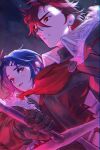  2boys alcryst_(fire_emblem) armor blue_hair brothers diamant_(fire_emblem) faithom fire_emblem fire_emblem_engage fur_trim gloves hair_ornament hairclip high_collar highres holding holding_sword holding_weapon looking_at_another looking_to_the_side multiple_boys open_mouth red_eyes redhead short_hair siblings sword weapon 