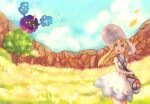  bag blonde_hair blunt_bangs clouds cloudy_sky cosmog day dress duffel_bag field flower flower_field green_eyes hat highres holding holding_bag lillie_(pokemon) long_hair looking_back looking_up open_mouth petals poke_ball_theme pokemon pokemon_(game) pokemon_following_human pokemon_sm rikurou see-through sky sleeveless sleeveless_dress sun_hat tree white_dress white_headwear yellow_flower 