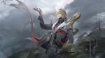  1boy androgynous arm_up asymmetrical_clothes black_sleeves blonde_hair clouds cloudy_sky corruption cross green_eyes hair_between_eyes highres honkai_(series) honkai_impact_3rd jewelry light_smile looking_up male_focus open_hand otto_apocalypse outdoors pants sky solo standing ste7619 upper_body white_pants white_sleeves 