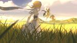  2girls absurdres blonde_hair breasts clouds day dress genshin_impact grass highres light_particles midair multiple_girls outdoors perspective short_hair_with_long_locks sidelighting size_difference small_breasts white_dress yakumo_crack 