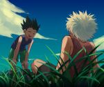  2boys black_hair blue_sky child clouds cloudy_sky commentary_request day gon_freecss green_shorts hands_on_own_knees highres hunter_x_hunter kazhi killua_zoldyck looking_at_another male_child male_focus multiple_boys on_grass outdoors painting_(medium) purple_shirt shirt short_hair shorts sky smile spiky_hair teeth traditional_media upper_teeth_only white_hair 