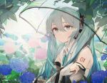  1girl absurdres bare_shoulders black_sleeves blue_eyes blue_flower blue_hair blue_nails blue_necktie blush branch closed_mouth collared_shirt day detached_sleeves flower from_side hair_between_eyes hand_on_own_arm hatsune_miku hatsune_miku_(nt) headset highres holding holding_umbrella long_hair long_sleeves looking_at_viewer mihoranran nail_polish nature necktie number_tattoo outdoors piapro plant rain raised_eyebrows see-through see-through_sleeves shirt sidelocks smile solo tattoo transparent transparent_umbrella tree twintails umbrella upper_body very_long_hair vocaloid white_shirt 
